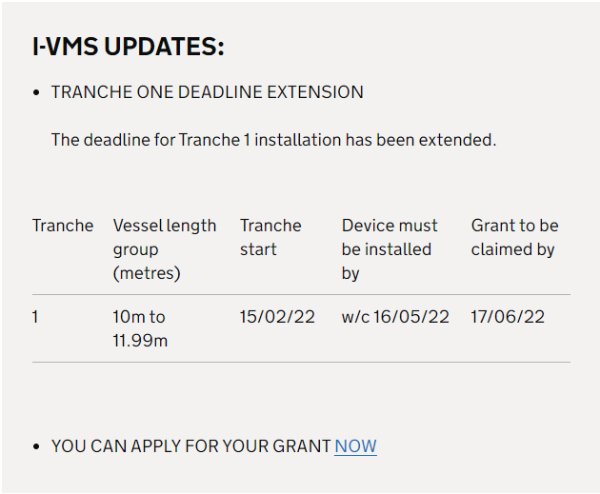 MMO announces extension to the deadline for Trance 1 installations of I-VMS devices on English fishing vessels under-12 metres in length